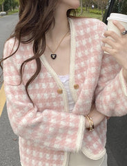 Check Button Knit Plaid Cardigan Gentle   Tops