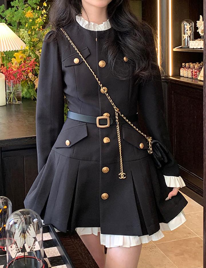 Slim Long Sleeve Stand Collar Gold Button Ladies Dress