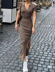 Slit Button Lapel Short Sleeve Knitted Slim Solid Color Maxi Dress For