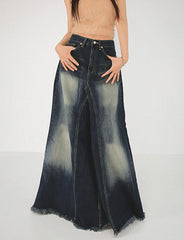 Vintage Wash Style Frayed Trim Denim Skirt