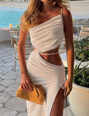 Solid Color Drawstring High Slit Cut out Dress