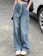 American Style High Street Drawstring Elastic Waist Jeans