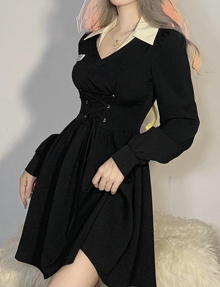 Slim High Waist Lapel Tie Long Sleeve Dress