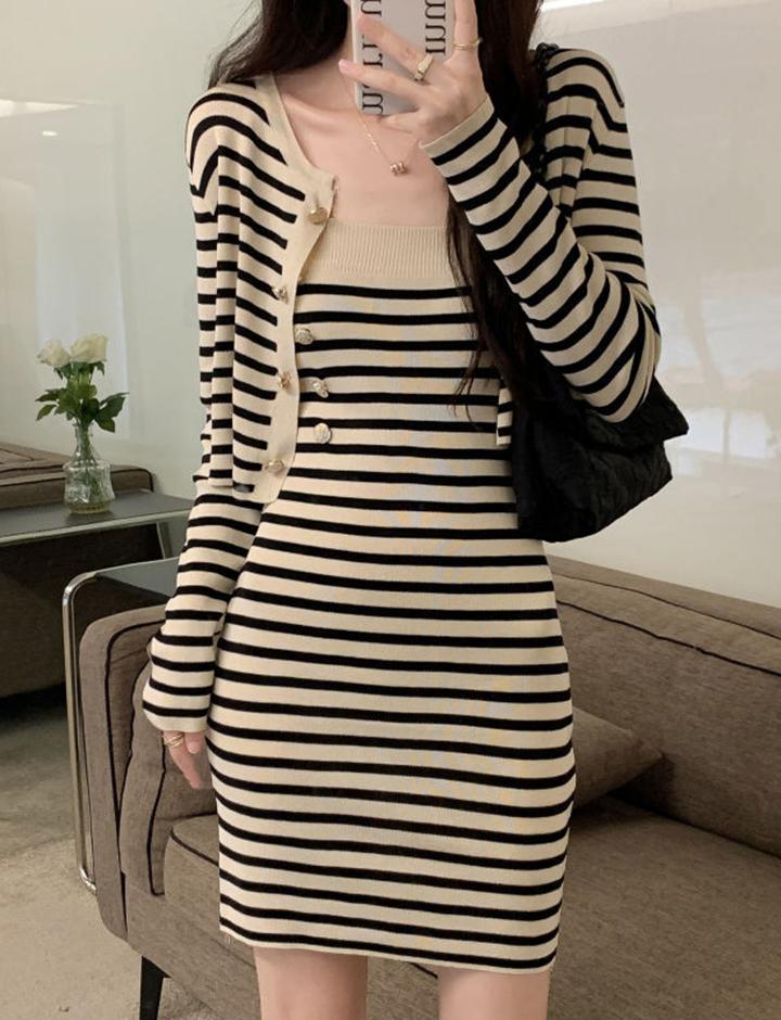 Striped Knit Slip Skirt Single Breasted Knit Cardigan Dress Two-Piece Set