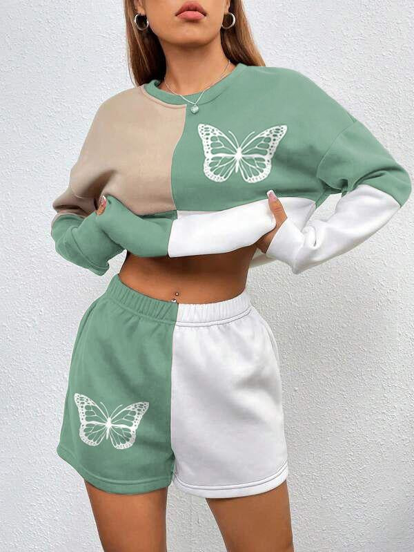 Butterfly Color Block Print Round Neck Sweatshirt & Shorts