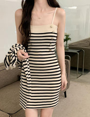 Striped Knit Slip Skirt Single Breasted Knit Cardigan Dress Two-Piece Set