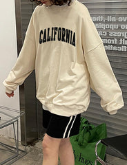 California Print Beige Loose Pullover Sweatshirt