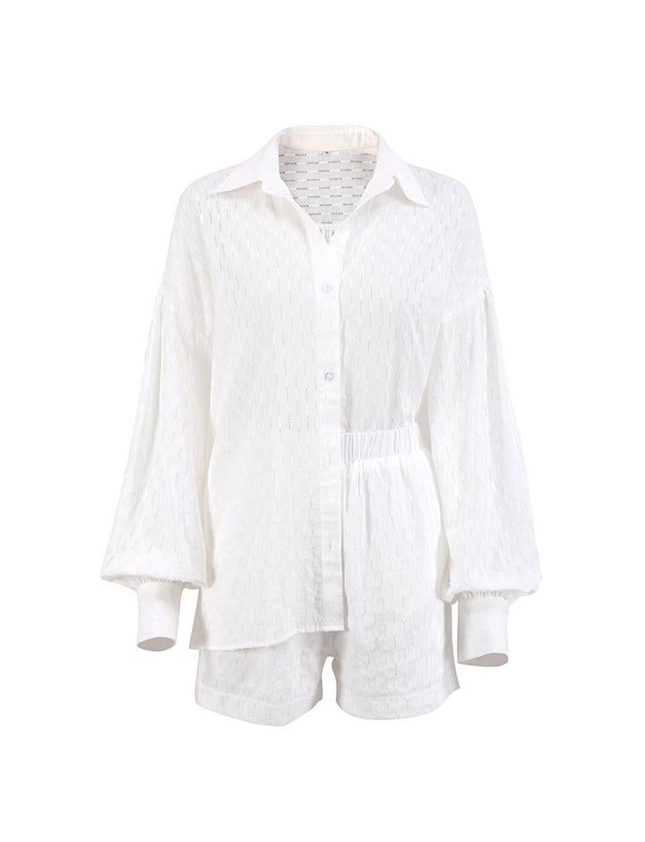 Hollow Jacquard Long-sleeved Shirt And Shorts Two-piece Set