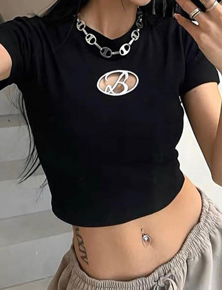 Embroidered CutOut Cropped Sshort-sleeved T-shirt