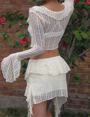 Ballet Style Lace Suit Strap Design Short V-neck Cardigan Irregular Hem Skirt Two-Piece Set