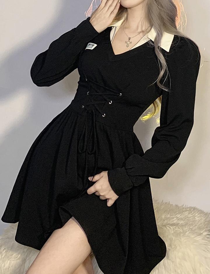 Slim High Waist Lapel Tie Long Sleeve Dress