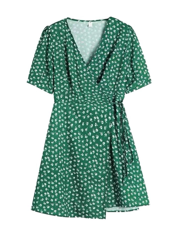 Deep V Neck Summer Green Floral Slip Dress For