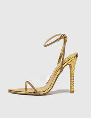 Gold Point Toe Clear Strap High Heeled Sandals