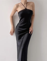 Black Lace Trim Satin Slim Halter Neck Prom Maxi Dress