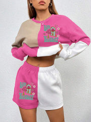 Pink Color Block Print Round Neck Sweatshirt & Shorts