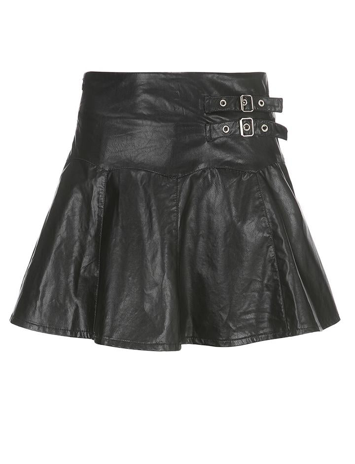 Metal Buckle Leather High Waist  A-line Pleated Skirt