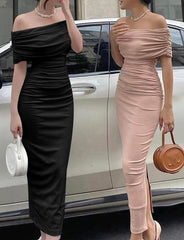 Off Shoulder Ruched Knit Bodycon Prom Formal Maxi Dress