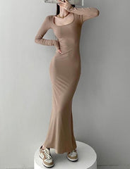 Basic Square Neck Slim Bodycon Prom Maxi Dress For