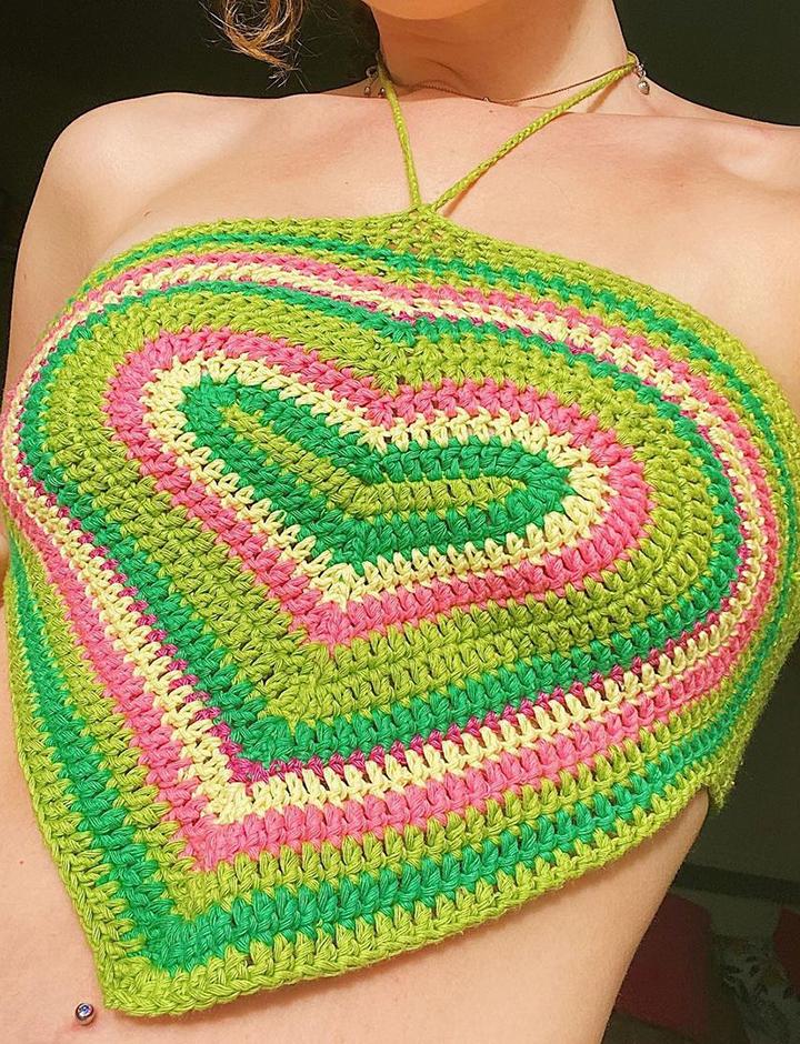Crochet Halter Vest Colorblock Color Heart Shape Top