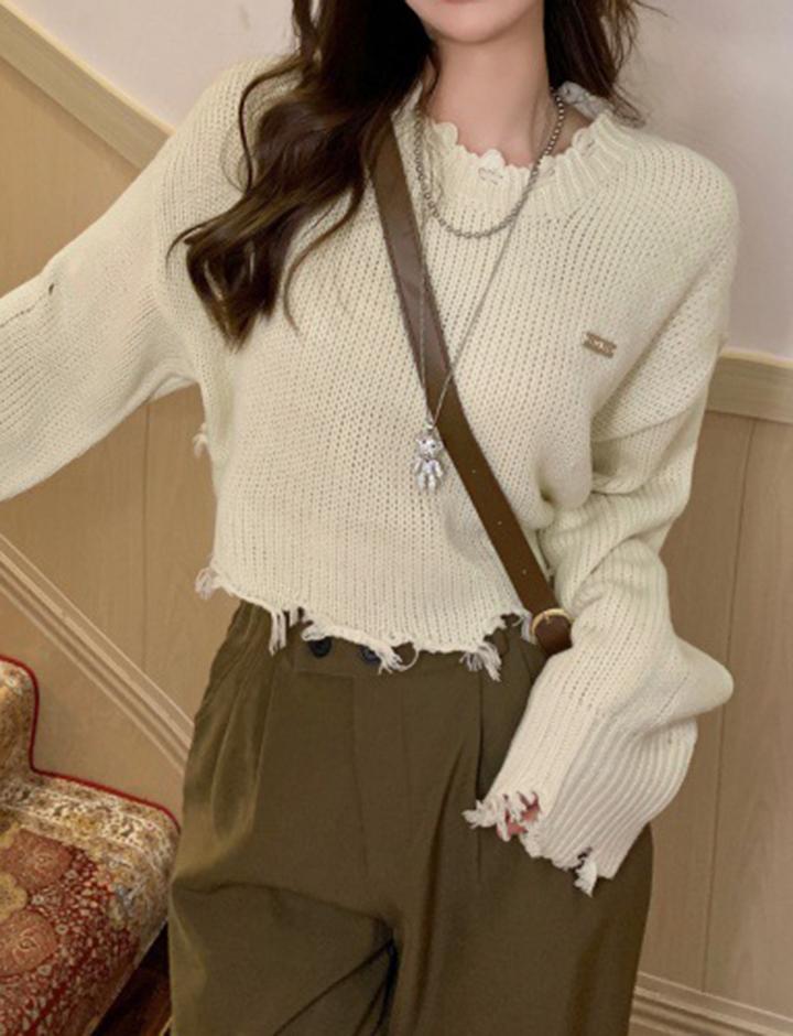 Ripped Cropped Loose Long Sleeve Crewneck Sweater