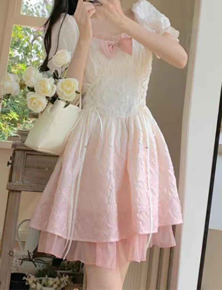 Bowknot Decor Lace Trim Gradient Date Dress