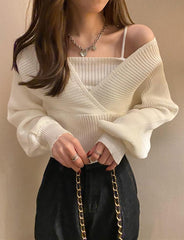 Solid Color Fake Two-Piece Knit Cropped Sweater For