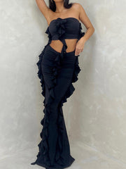 Ruffled Fringe Decor Bandeau Top and Maxi Skirt Two Piece Set