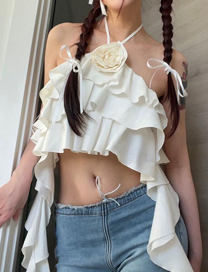 Flower Decor Tiered Flounce Halter Party White Crop Top