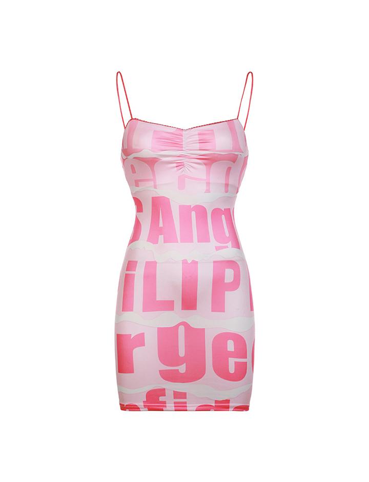 Personalized Letter Print Slim Suspender Short Pink Dress