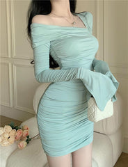 Asymmetrical Flounce Sleeve Bodycon Mint Dress