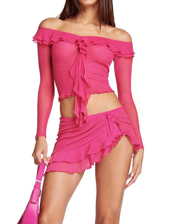 One-shoulder Ruffled Crop Top With Tie Design Skirt Set