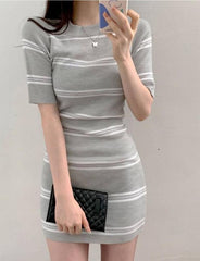 Contrast Striped Knit Wrap Hip Dress