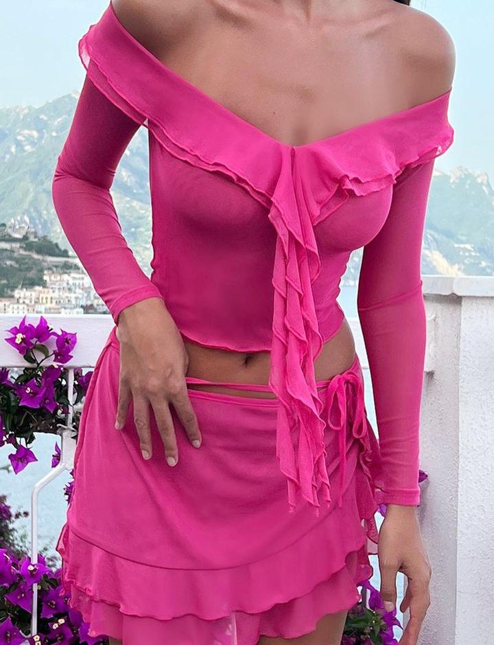 One-shoulder Ruffled Crop Top With Tie Design Skirt Set