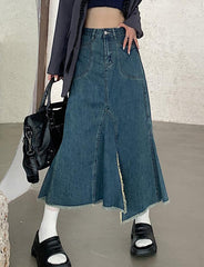 Retro High Waist Frayed Denim Mermaid Skirt