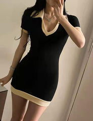 Slim Polo Neck Casual Black Bodycon Short Dress