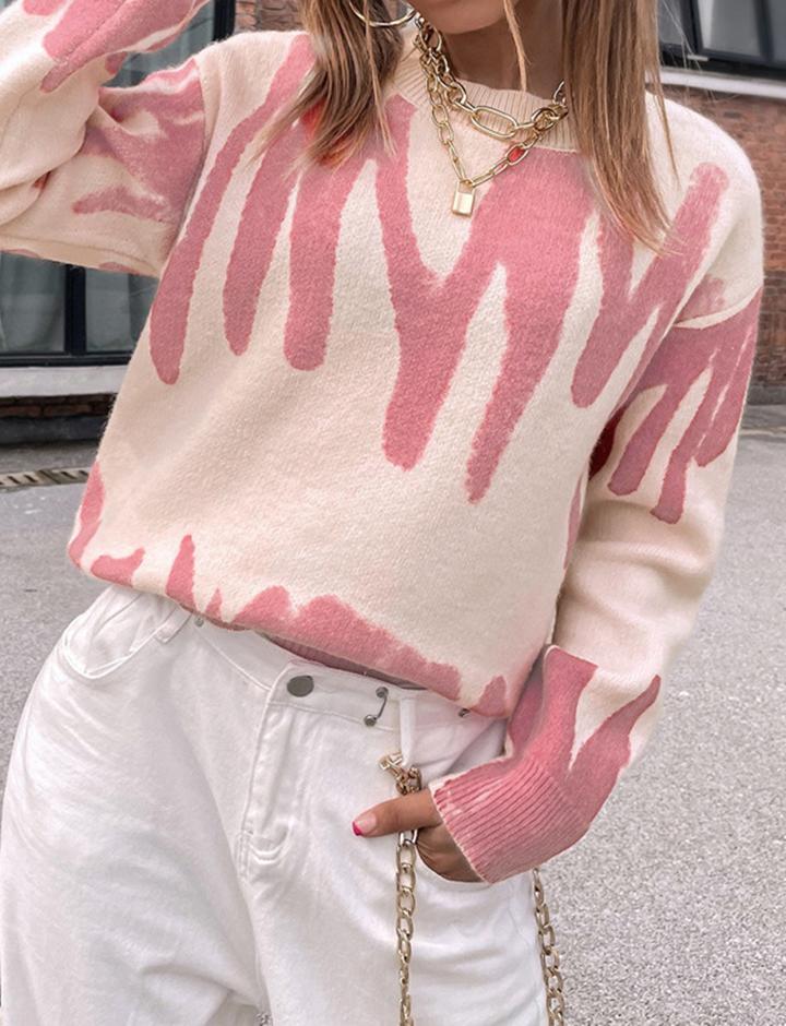 Colorblock Knit Loose Abstract  's Crewneck Pullover Sweater