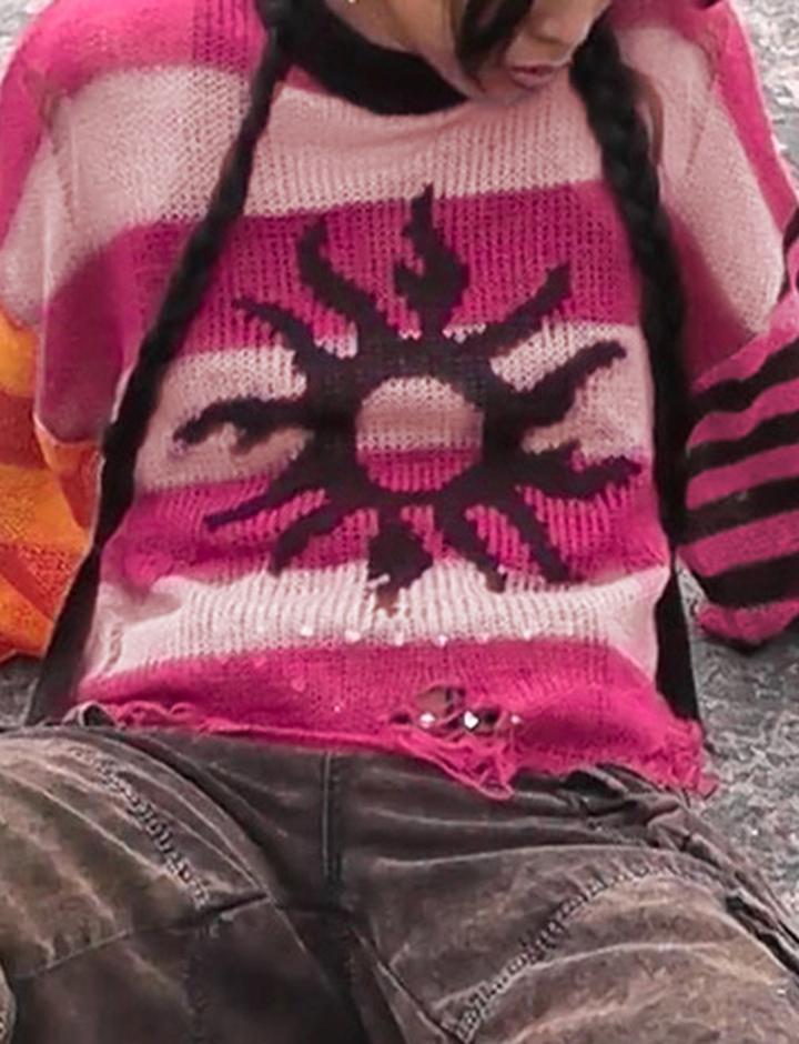 Colorblock Sun Graphic Loose Sweater