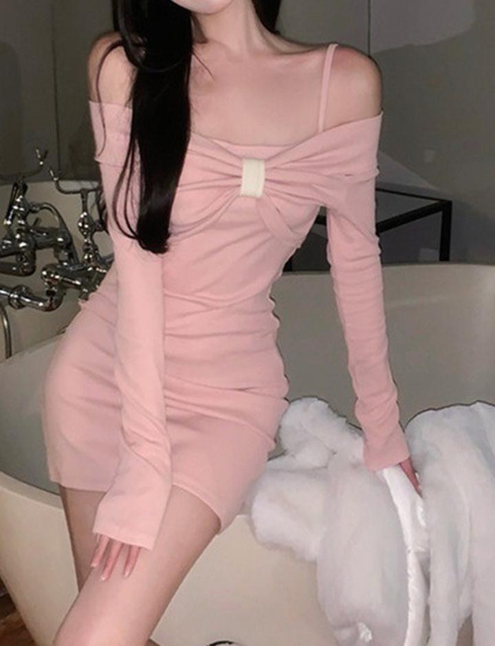 Bow Knot Off Shoulder Long Sleeve Bodysuit Dress