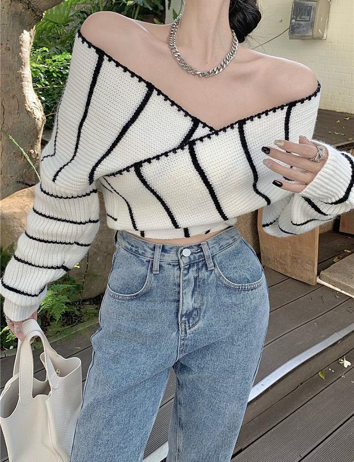 Contrast Color Striped Cross Knit Top