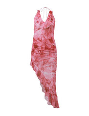 Vacation Tie Dye Print Halter Ruffle Irregular Maxi Dress