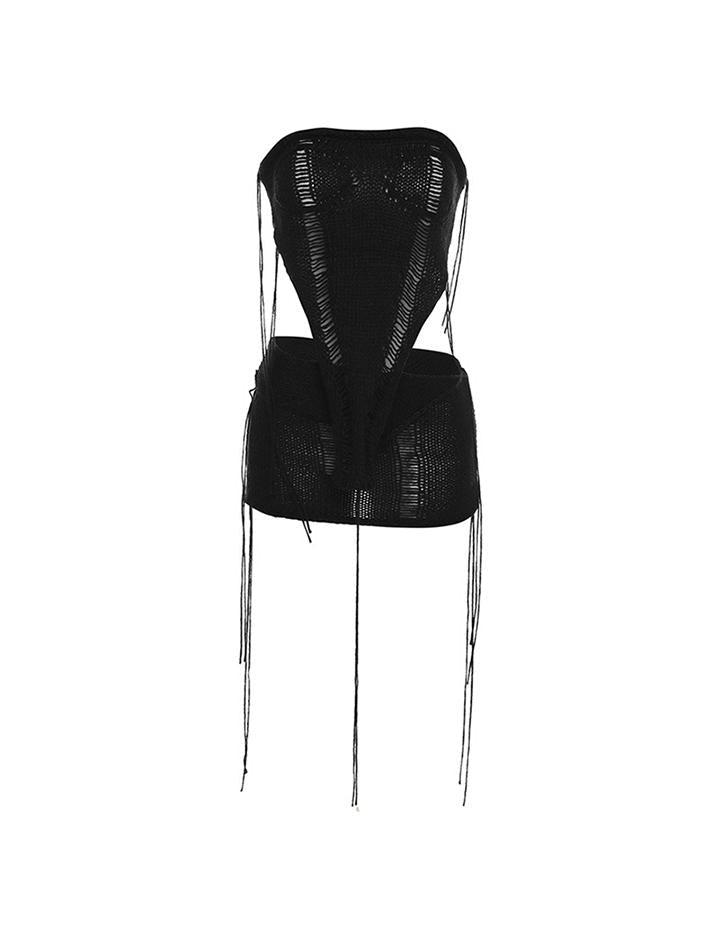Strapless Slim Backless Knitted Vest High Waist Bag Hip Skirt Set