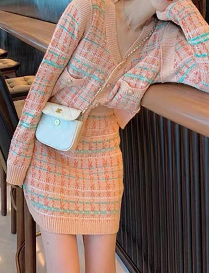 Powder Blue Plaid Wool Skirt Two-piece Suit