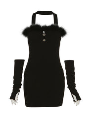 Faux Fur Trim Halter Mini Dress