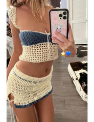 Sleeveless Vest Slit Skirt Summer Color Matching Knitted Two-piece Set