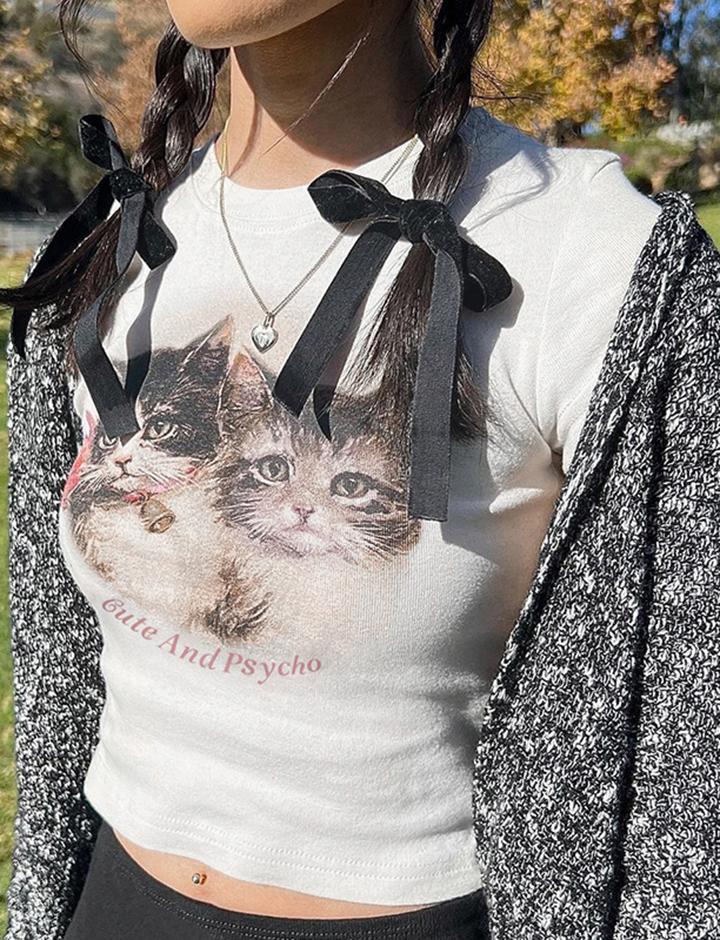 Cute Cat Print Crop Tee