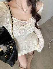 Hollow suspender knitted skirt two-piece sweater dress