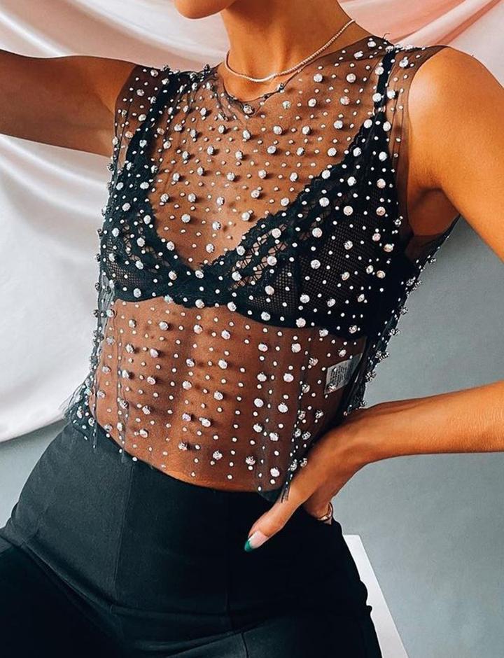 Hollow Out Pearl Rhinestone Cover Up Tank Top