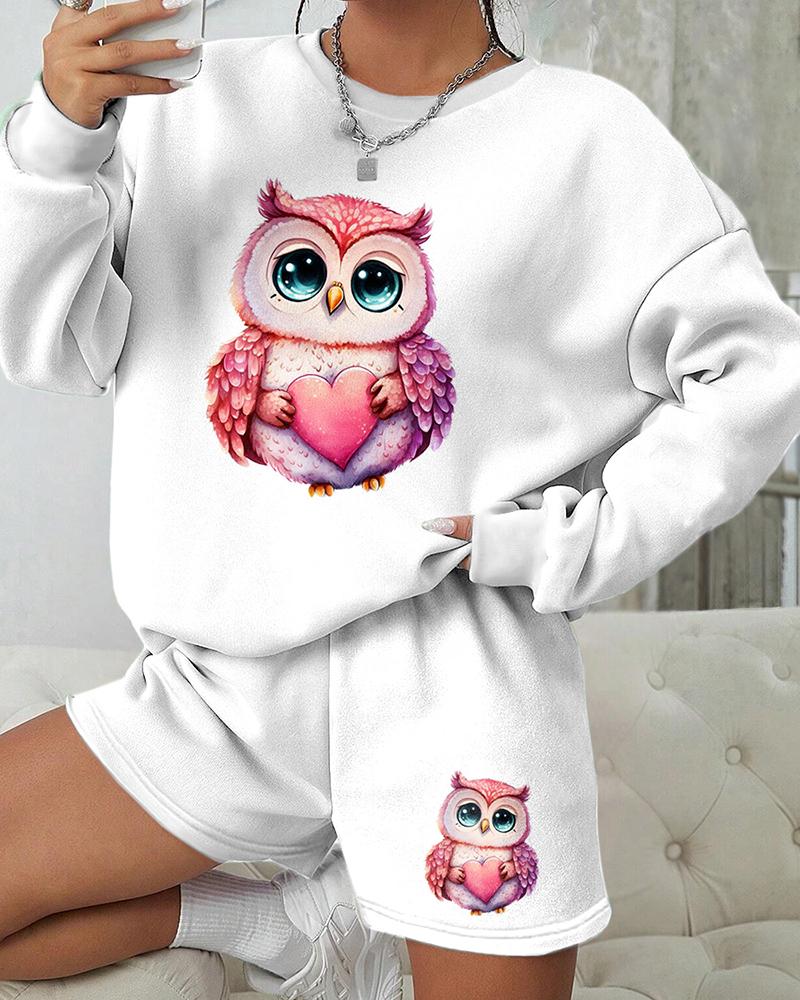 Owl Love Round Neck Sweatshirt & Shorts