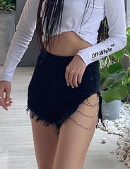 High Waist Pocket Chain Jeans Ripped Shorts