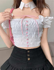 Off Shoulder Ruched Bowknot Crop Top with Bow Tie